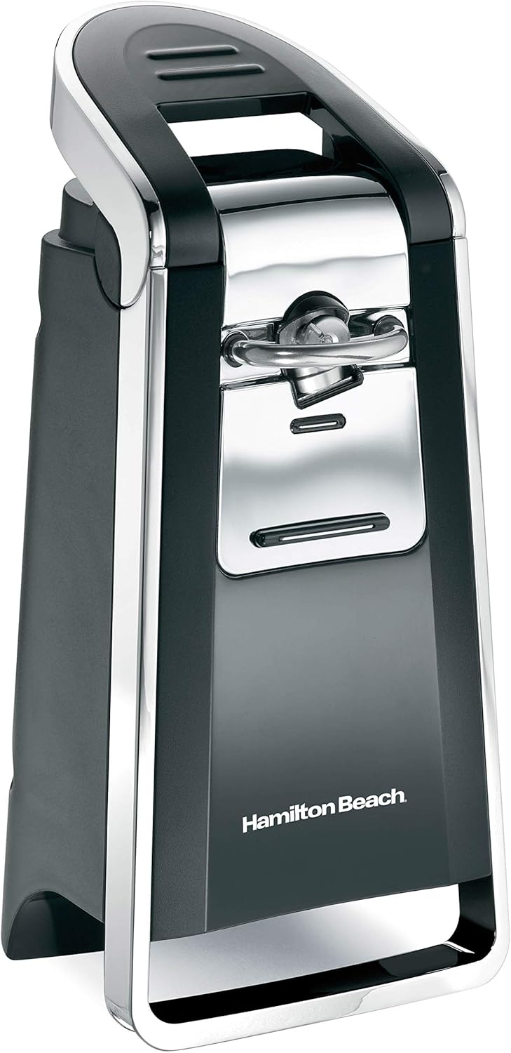 Hamilton Beach Smooth Touch Electric Automatic Can Opener with Easy Push Down Lever, Opens All Standard-Size and Pop-Top Cans, Extra Tall, Black and Chrome, 76606AG