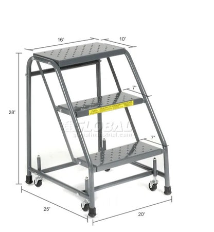 Perforated 16"W 3 Step Steel Rolling Ladder 10"D Top Step - 318P - PuriLite