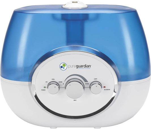 PureGuardian H1510 Ultrasonic Warm and Cool Mist Humidifier for Bedrooms, Quiet, Filter-Free, 11L Output Up to 100 Hour Run Time, 1.5 Gallon Treated Tank Reduces Mold, Pure Guardian Room Humidifier, White and Blue, 1 pack