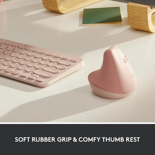 Logitech Lift Vertical Ergonomic Mouse, Wireless, Bluetooth or Logi Bolt USB receiver, Quiet clicks, 4 buttons, compatible with Windows/macOS/iPadOS, Laptop, PC - Rose - PuriLite