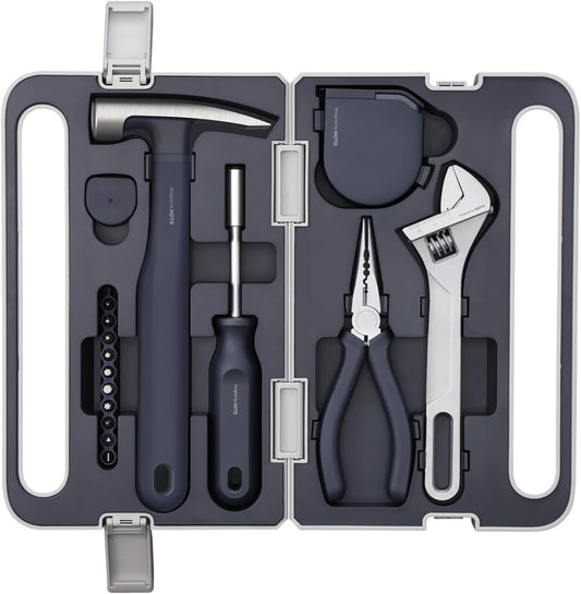 HOTO Manual Screwdriver Tool Kit, Hand Screwdriver Tool Kit, Includes Screwdriver/10 S2-Steel Bits/Spanner/Hammer/Plier/Tape Measure, Hidden Buckle Design