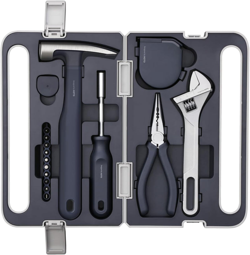 HOTO Manual Screwdriver Tool Kit, Hand Screwdriver Tool Kit, Includes Screwdriver/10 S2-Steel Bits/Spanner/Hammer/Plier/Tape Measure, Hidden Buckle Design