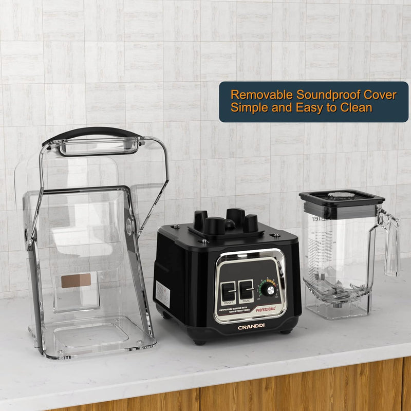CRANDDI Quiet Smoothie Blender, Professional Countertop Blender with Removable Shield, 2200W Strong Motor, 52oz BPA-free Jar for Shakes and Smoothies, Self-Cleaning K80 (Black)