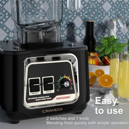 CRANDDI Quiet Smoothie Blender, Professional Countertop Blender with Removable Shield, 2200W Strong Motor, 52oz BPA-free Jar for Shakes and Smoothies, Self-Cleaning K80 (Black)