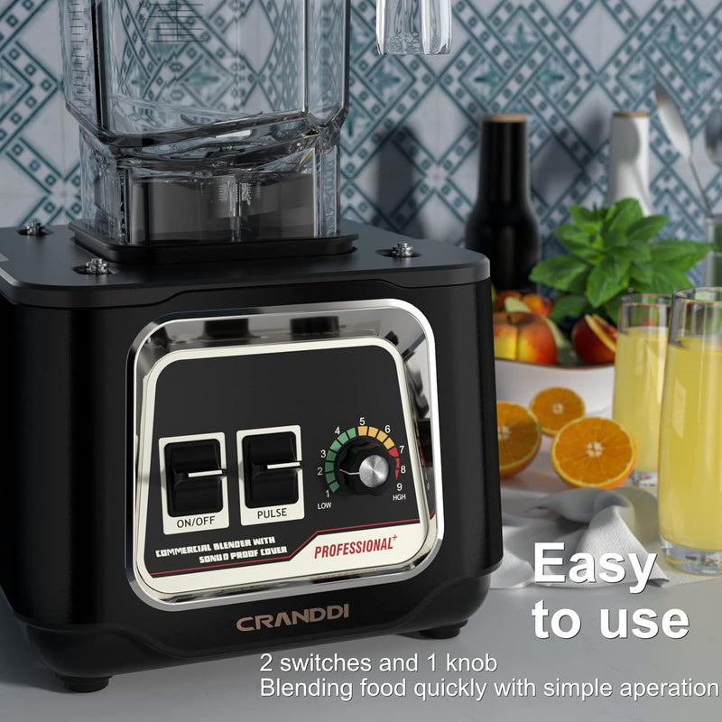 CRANDDI Quiet Smoothie Blender, Professional Countertop Blender with Removable Shield, 2200W Strong Motor, 52oz BPA-free Jar for Shakes and Smoothies, Self-Cleaning K80 (Black)