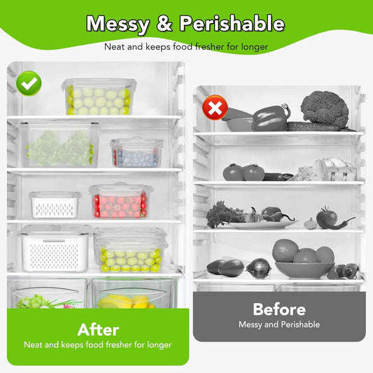 5 PCS Fruit Storage Containers for Fridge, 5 Sizes (13oz-140oz) Leakproof & Airtight with Silicone Seal, Draining Colander, Food Grade BPA-Free, Keep Fruits Vegetables Fresh for Camping, Kitchen - PuriLite