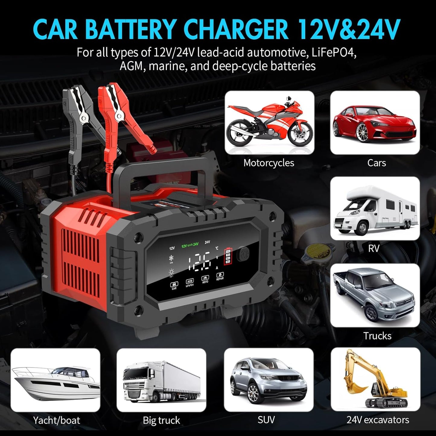 20A 12V/24V Automatic Car Battery Charger and Maintainer – LiFePO4, AGM, Gel, Deep Cycle Compatible with Pulse Repair and Winter Mode