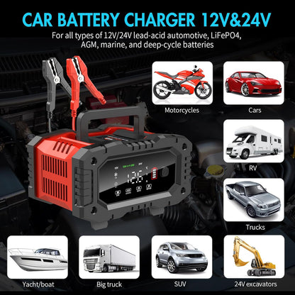 20A 12V/24V Automatic Car Battery Charger and Maintainer – LiFePO4, AGM, Gel, Deep Cycle Compatible with Pulse Repair and Winter Mode