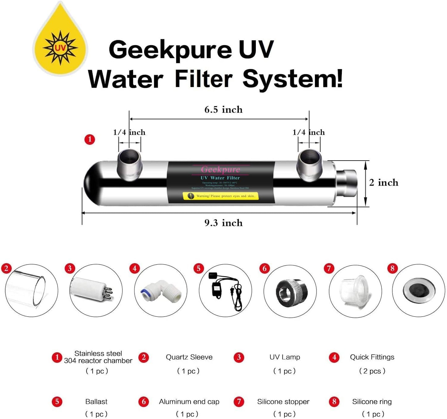 Geekpure 0.5-1 GPM UV Water System (6 Watt) UV Water Filter