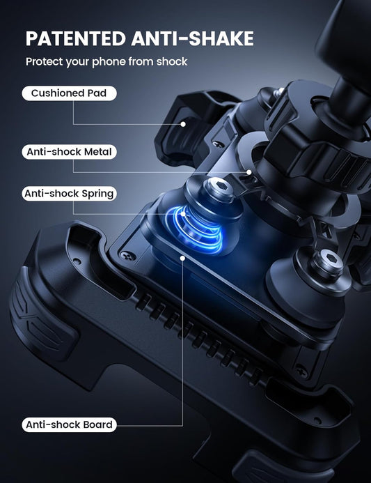 Lamicall Motorcycle Phone Mount Holder - [Dual Vibration Dampener] Anti Shake Motorcycle Cell Phone Mount with Upgraded Handlebar Clamp, Bike Phone Mount for iPhone 13 14 15 Pro Max, 4.7-6.7" Phones - PuriLite