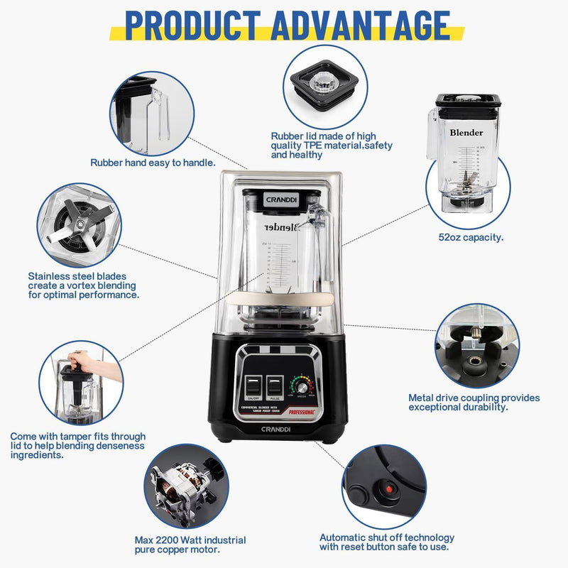 CRANDDI Quiet Smoothie Blender, Professional Countertop Blender with Removable Shield, 2200W Strong Motor, 52oz BPA-free Jar for Shakes and Smoothies, Self-Cleaning K80 (Black)
