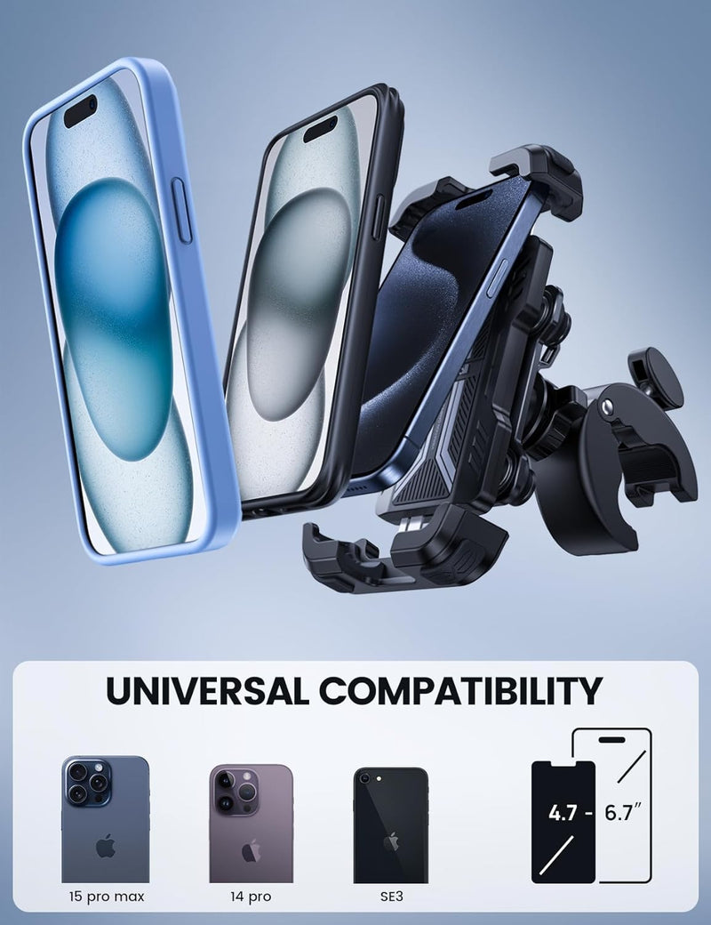 Lamicall Motorcycle Phone Mount Holder - [Dual Vibration Dampener] Anti Shake Motorcycle Cell Phone Mount with Upgraded Handlebar Clamp, Bike Phone Mount for iPhone 13 14 15 Pro Max, 4.7-6.7" Phones
