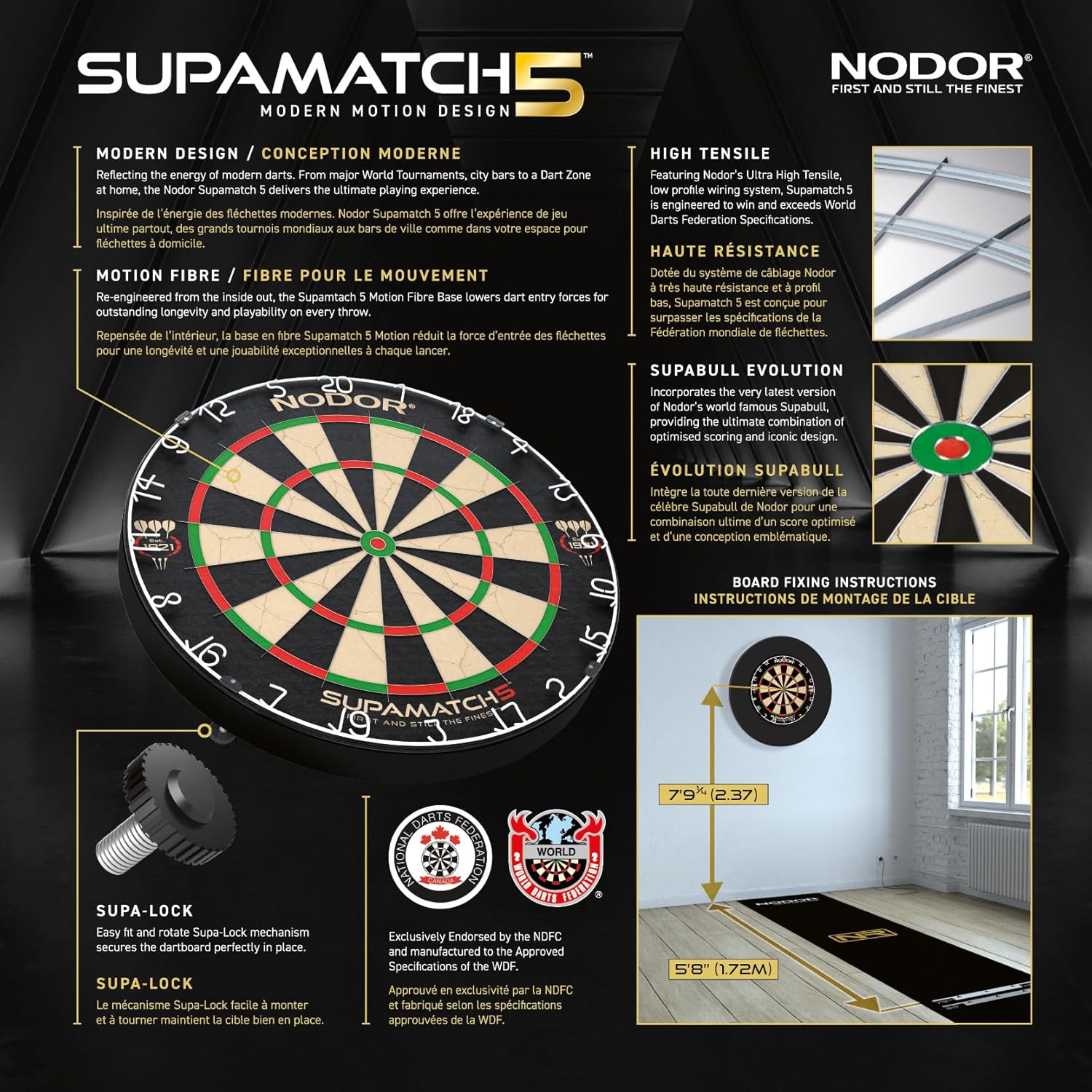 Nodor Supamatch 5 Dartboard – Professional Bristle Dartboard with Ultra-High Tensile Wiring, Supa-Lock Mounting System - PuriLite