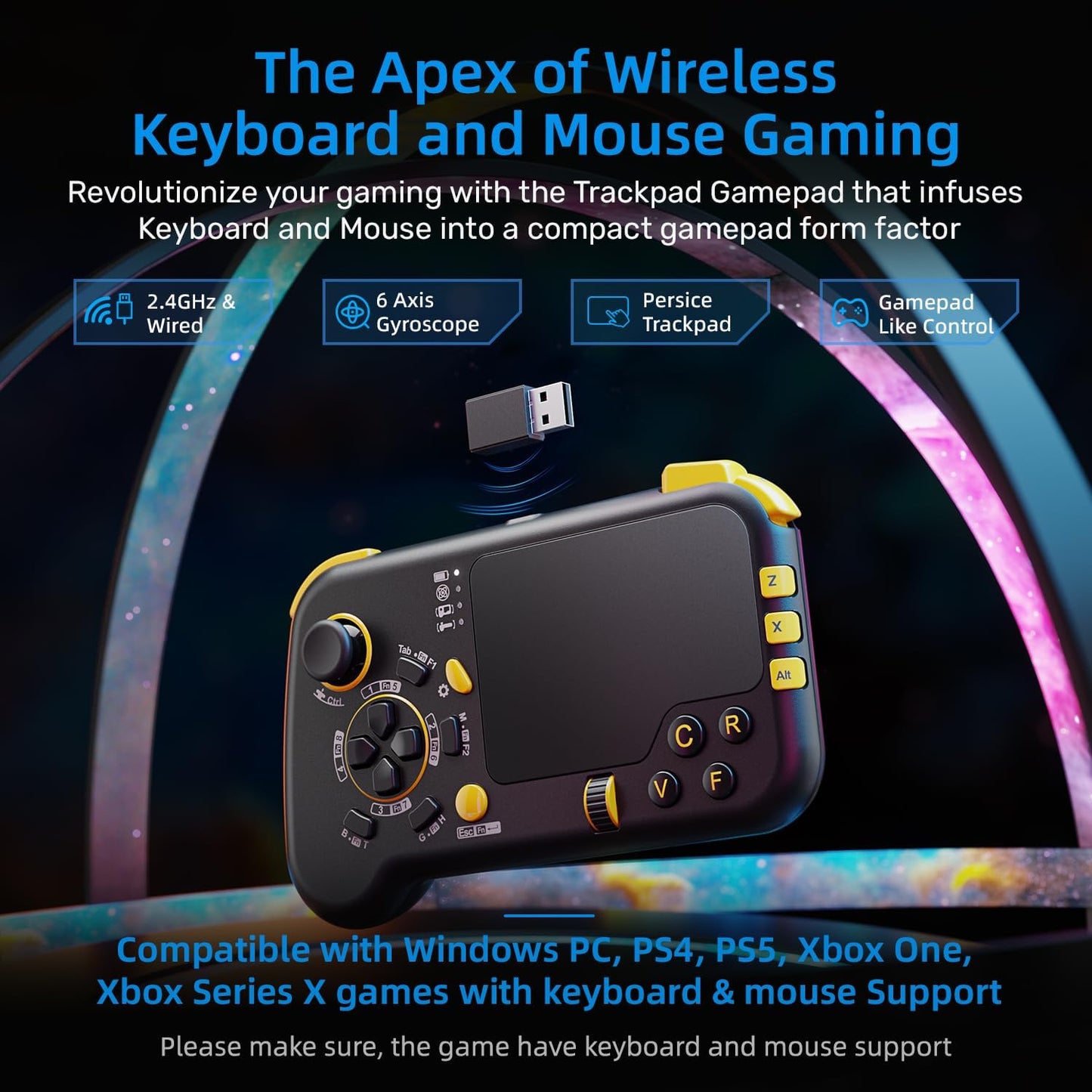 IFYOO GTP01 2.4G Wireless Gaming Touchpad with Gyro, Keyboard and Mouse with Trackpad Function Game Controller Gamepad Shape for Xbox Series X|S, Xbox One, PS5, PS4, Steam, PC Windows 11 10 - Black2