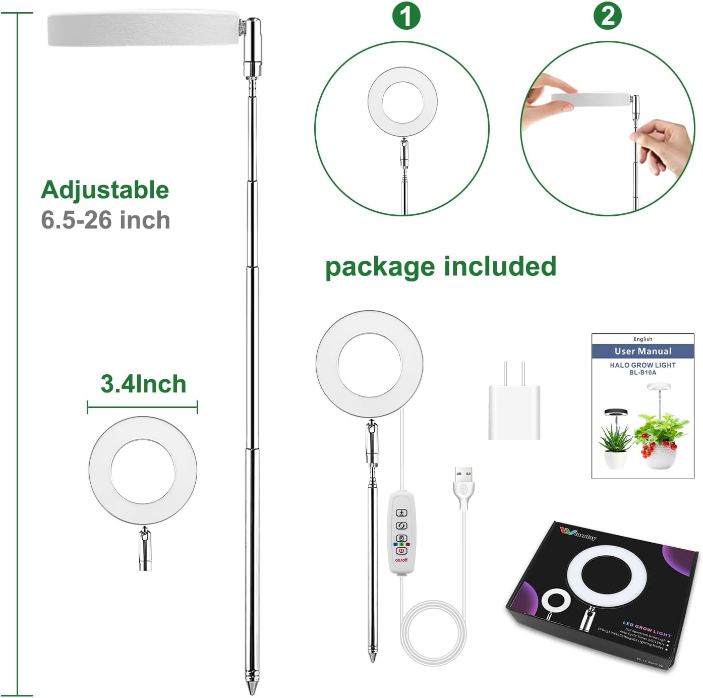 48-LED Full Spectrum Plant Grow Light | Adjustable Height | Auto Timer | 3 Light Modes | 10 Brightness Levels