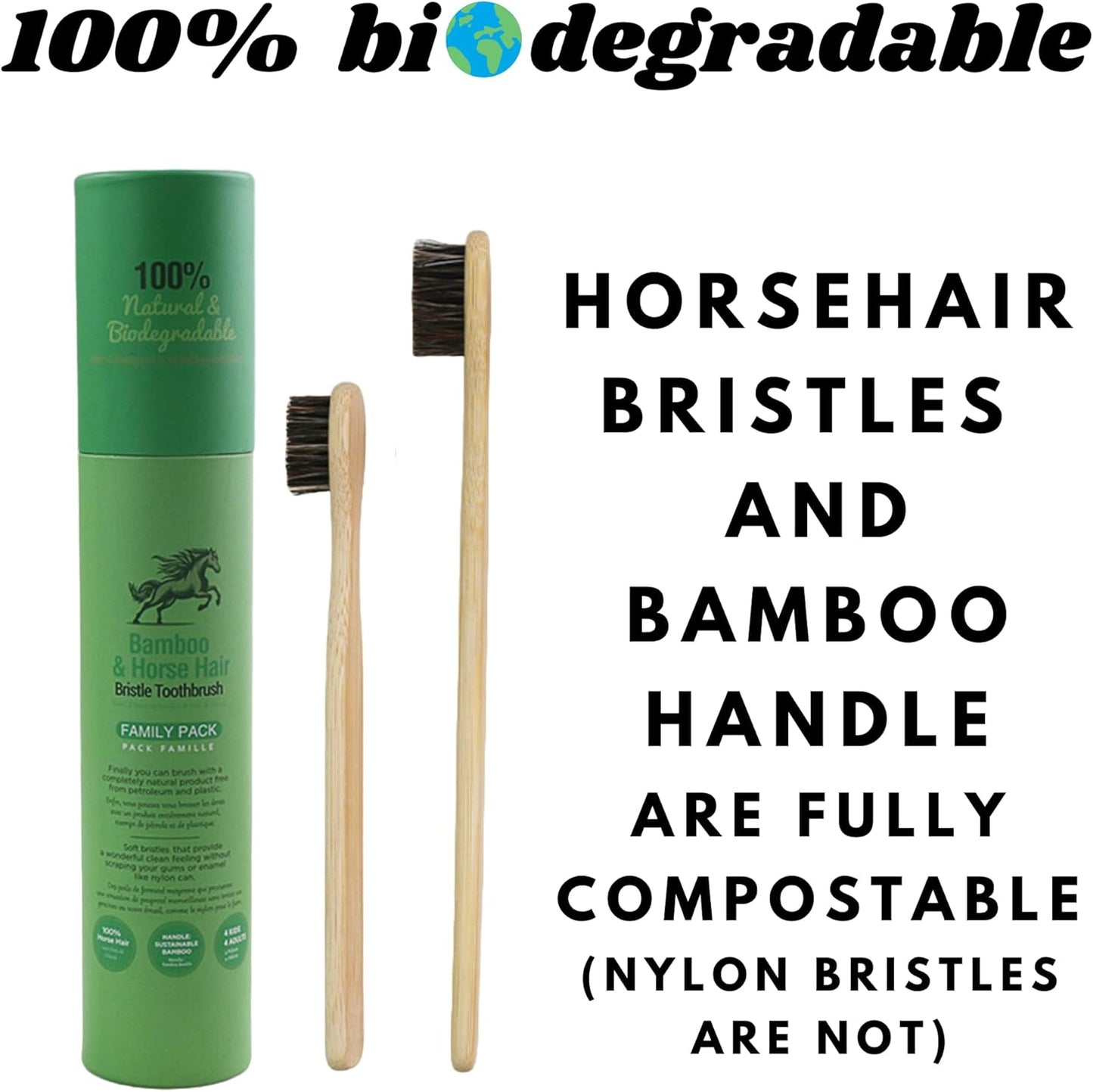 Gaia Guy Natural Bristle Bamboo Toothbrush Family Pack (NO Nylon - Horsehair ONLY) - Totally Compostable & Biodegradable Horse Hair Bristle and Bamboo Toothbrushes - Zero Waste - 4 Kids and 4 Adults