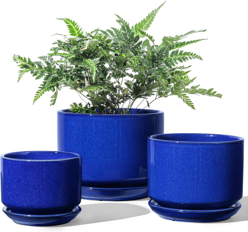 LE TAUCI Ceramic Plant Pots, 4.3+5.3+6.8 inch Plant Pots Indoor, Planters Pots with Drainage Hole & Saucer, Indoor Flower Pot with Mesh Pad, Pot Plante Interieur, Set of 3, Sapphire Blue