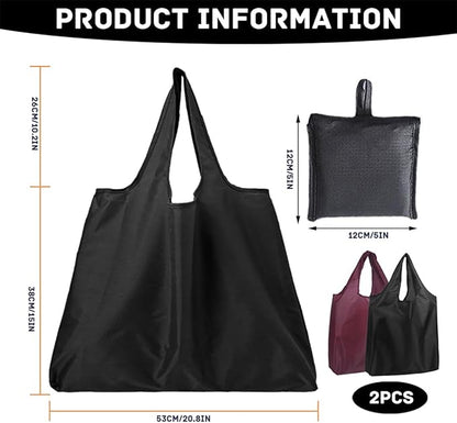 2 Pack Reusable Shopping Bags Foldable Grocery Shopping Tote Bag Eco-Friendly Washable Lightweight Folding into Attached Pouch for Daily Shopping Loading 2 Colors (Black+Wine Red)