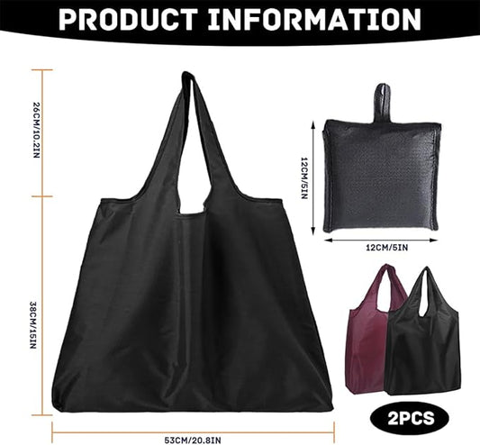 2 Pack Reusable Shopping Bags Foldable Grocery Shopping Tote Bag Eco-Friendly Washable Lightweight Folding into Attached Pouch for Daily Shopping Loading 2 Colors (Black+Wine Red) - PuriLite
