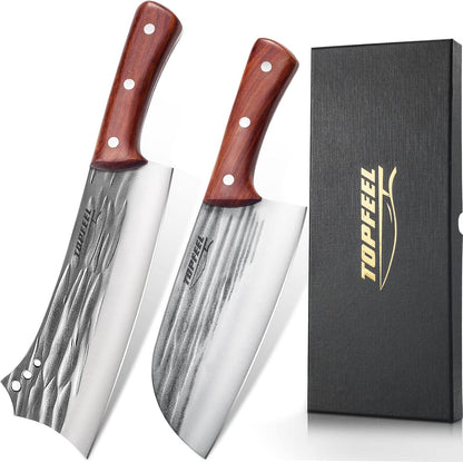 2 pcs Meat Cleaver & Heavy Duty Bone Chopper Knife Set, Hand Forged German High Carbon Stainless Steel Butcher Knife for Home Kitchen & Outdoor…