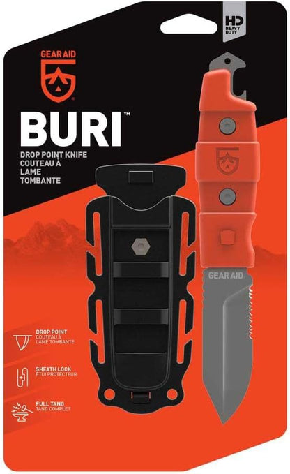 GEAR AID Buri Drop Point Knife with Sheath, Orange, 3” Blade