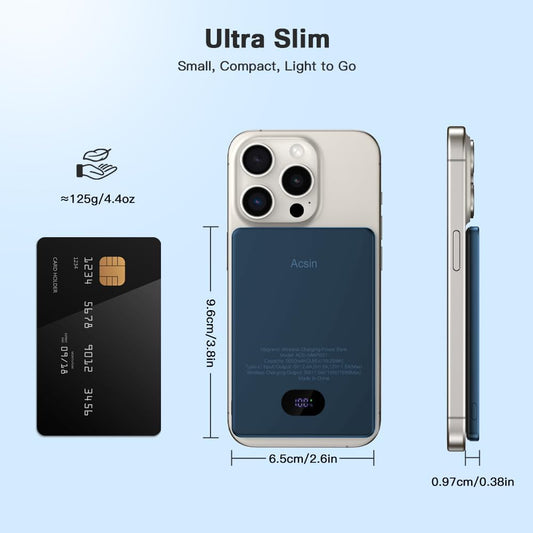 Acsin Magnetic Portable Charger Ultra Slim 5000mAh for Magnetic Battery Pack,Wireless Power Bank with LED Display 20W Two Way USB-C Charging for iPhone 16/16 Pro/16 Pro Max/15/14/13/12 Series (Blue)