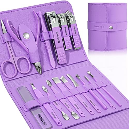 Manicure Set Professional Nail Clippers Pedicure Kit, 16 pcs Stainless Steel Nail Care Tools Grooming Kit with Luxurious Travel Leather Case for Thick Nails Men Women Gift (Black)