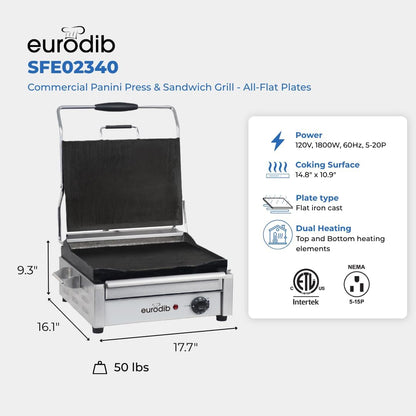 Eurodib Commercial Panini Grill, Flat Plates, 1800W Electric – SFE02340120 | Smooth flat plates, dual heating elements to 572°F, self-balancing hinged top plate, easy-clean removable tray
