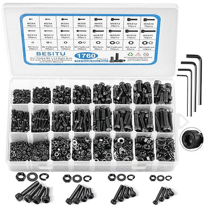 1705 Pcs Machine Screw Assortment Kit, M2 M3 M4 M5 Metric Bolts and Nuts Kit with Lock and Flat Washers, Hex Button Head 10.9 Alloy Steel Cap Screw Set with Allen Wrench