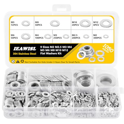 1050Pcs Flat Washers Set, 304 Stainless Steel Flat Washers for Screws, Assorted Sizes (M2 M2.5 M3 M4 M5 M6 M8 M10 M12) for Industrial Use