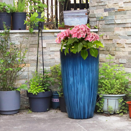 Worth Garden 23.5" H. Large Plastic Planters - Set of 2 Gradient Blue Glossy Smooth Finish - Tall Plant Pots for Indoor & Outdoor Use - Decorative Lightweight Flower Pots for Front Porch, Patio, Deck - PuriLite