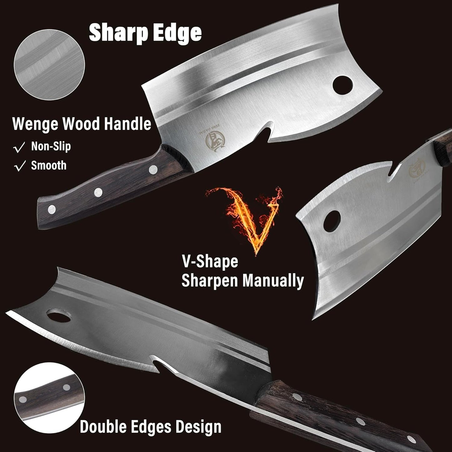 ZENG JIA DAO Meat Cleaver Knife, Dual Edges Butcher Knife Multi-Purpose Kitchen Chopping Knife for Meat Cutting Chinese Chefs Knife with Ergonomic Pearwood Handle with Gift Box