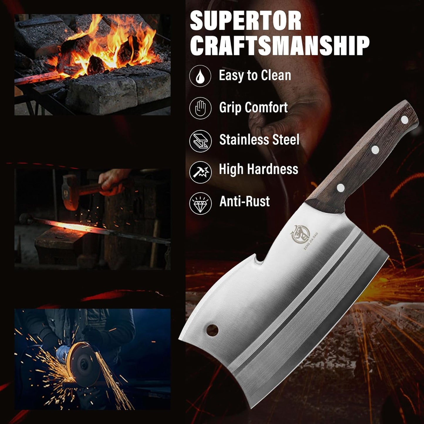 ZENG JIA DAO Meat Cleaver Knife, Dual Edges Butcher Knife Multi-Purpose Kitchen Chopping Knife for Meat Cutting Chinese Chefs Knife with Ergonomic Pearwood Handle with Gift Box