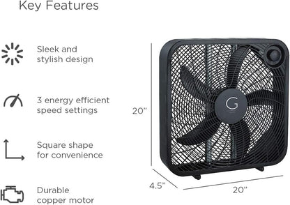 20" Box Fan, 3 Settings, Max Cooling Technology, Carry Handle, Black (G20BOX-BLK)