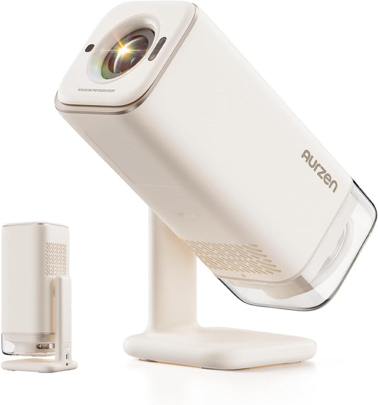 Aurzen Boom Air Google TV Mini Projector with USB-C Powered, Off-White | Portable Projector with Real-Time Focus, Dolby Audio, 4K Supported, Flexible Stand, WiFi and Bluetooth, for Outdoor & Home