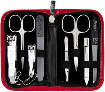 3 Swords Germany - brand quality 8 piece manicure pedicure grooming kit set for professional finger & toe nail care scissors clipper fashion leather case camou in gift box, Made in Germany
