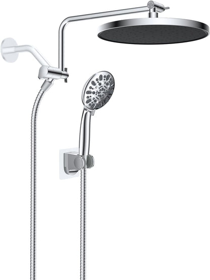 Metal Thickness Shower Head, 10'' High Pressure Rainfall Shower Head/Handheld Showerhead Combo with 12'' Adjustable Shower Extension Arm, 7-Spray, 71'' Hose, Showerhead Holder, Matte Black