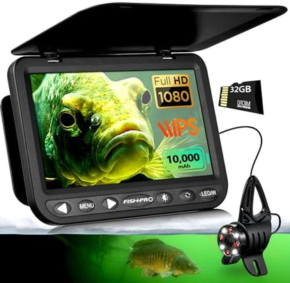 FishPRO [2024 Upgrade] 7'' Underwater Fishing Camera [HD 1080P] w/DVR -32GB, [Easy Plug & Play] Ice Fishing Camera Underwater, 10,000mAh, USB-C, IR & LED for Dark, Portable Ice Fishing Fish Finder