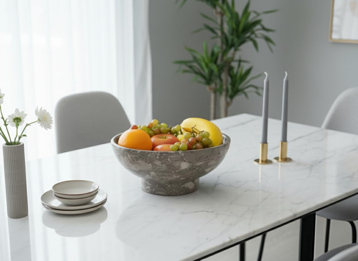 Handmade Marble Fruit Bowl | Decorative Serving Bowl | Kitchen Countertop Bowl | Round Fruit Bowl | Home Décor Bowl - PuriLite