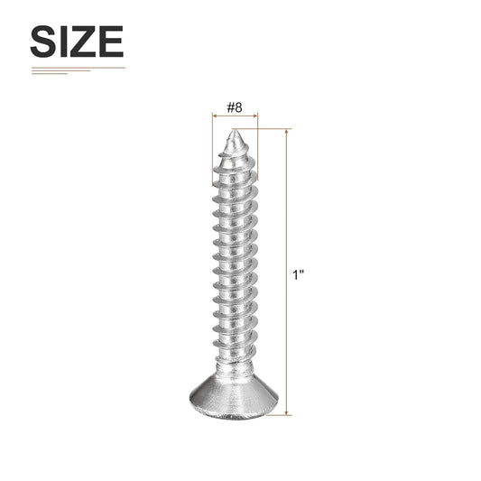 DTGN 100Pcs #8x1 Flat Head Wood Screws, 304 Stainless Steel Phillips Self Tapping Screws - Good for Woodworking, Furniture - Silver - PuriLite