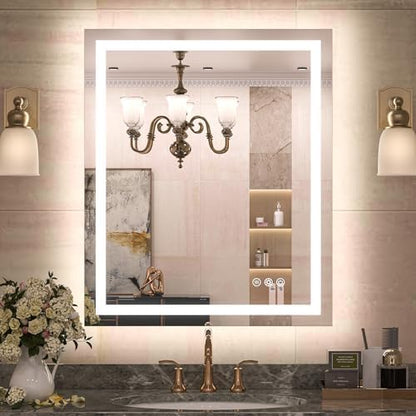 TETOTE LED Bathroom Mirror 20x28 Frontlit & Backlit Lighted Vanity Mirror Anti Fog Stepless Dimmable 3 Colors White/Warm/Natural,Double Lights,Wall-Mounted(Horizontal/Vertical)
