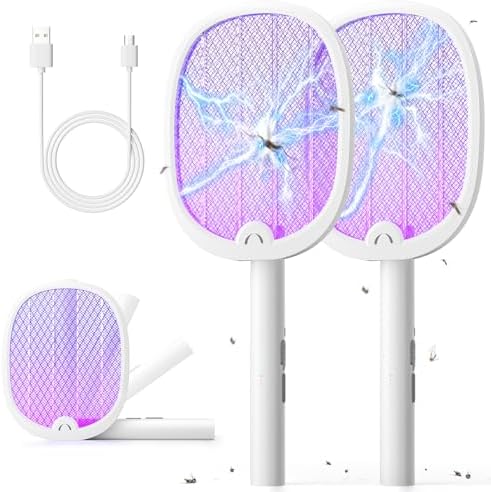 YISSVIC Bug Zapper Racket 4000 Volt Electric Fly Swatter Fly Zapper Dual Modes with Attractant Light Rechargeable Black 2 Pack