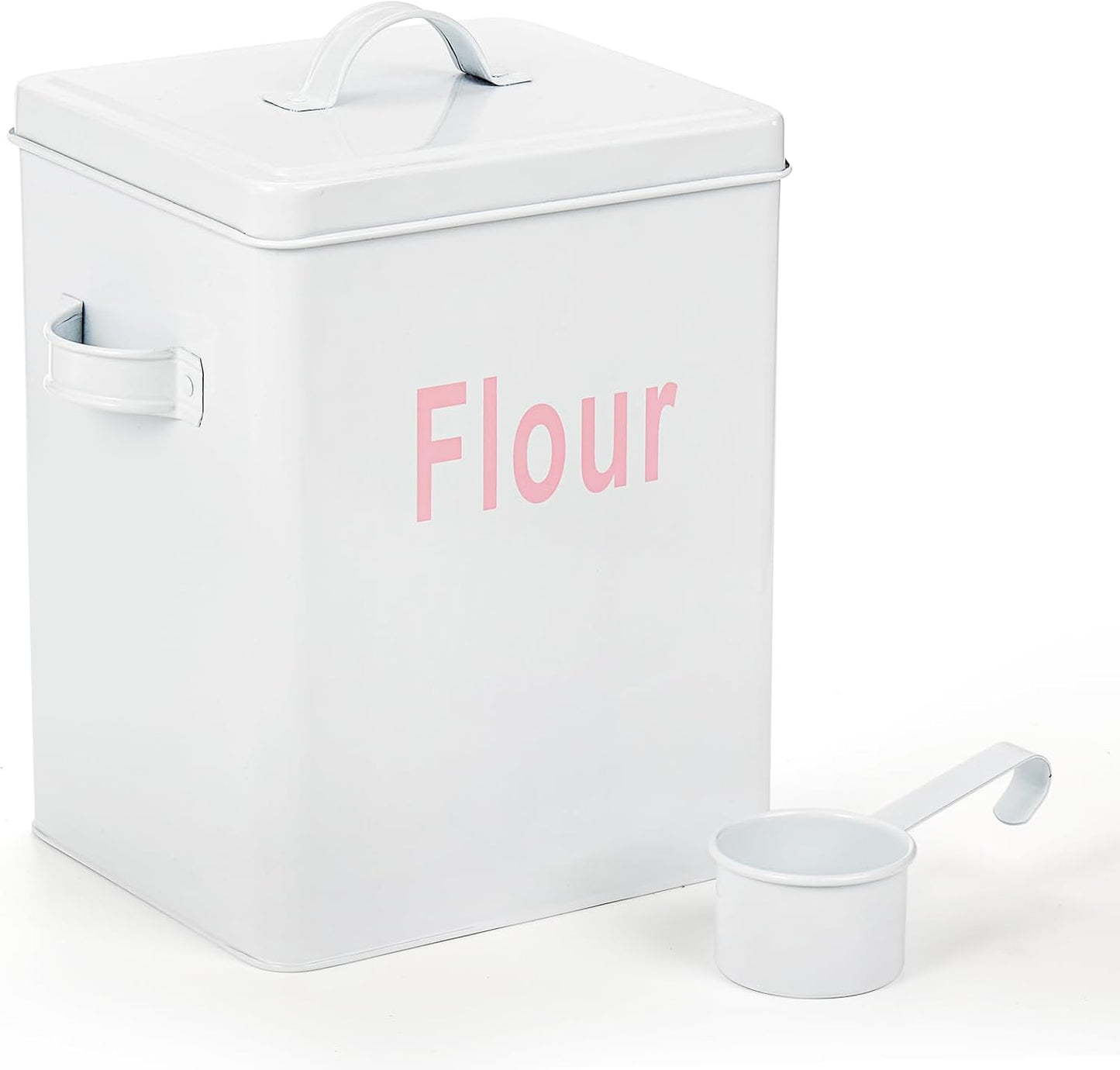 YOUEON 10 Lbs Metal Rice Storage Container, Square Rice Canister with Lid and Measuring Scoop, Countertop Sealed Food Storage Container for Cereal, Beans, Pet Food, White