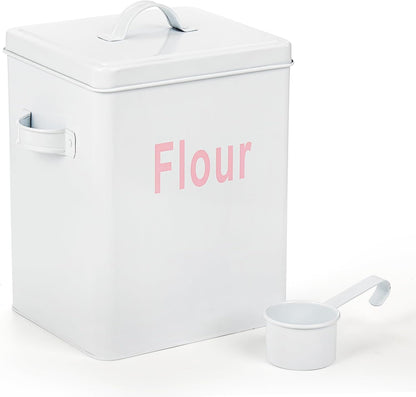 YOUEON 10 Lbs Metal Rice Storage Container, Square Rice Canister with Lid and Measuring Scoop, Countertop Sealed Food Storage Container for Cereal, Beans, Pet Food, White