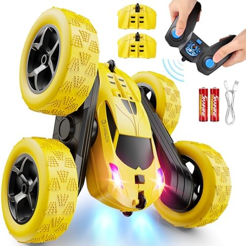 QUNREDA Remote Control Car for Kids Ages 6+, RC Cars Stunt Car Toy 4WD Double Sided 360° Rotating Remote Control with Headlights, Birthday Xmas Gifts for Boys 6 7 8 9 10 11 12 1-Blue