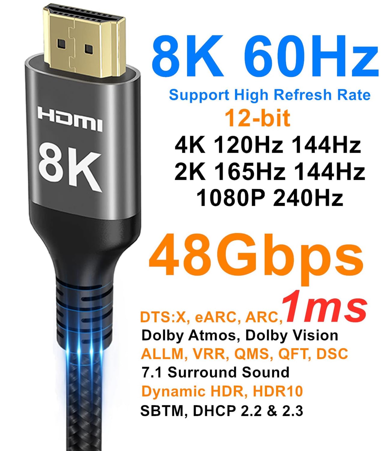 Ubluker 8K HDMI Cable 48Gbps 50 FT, Nylon Braided High Speed HDMI® Cable 4k 120Hz 2k 165Hz 8k 60Hz 12bit eARC ARC Dolby Atmos HDR10+ HDCP2.3 Compatible for Gaming PC TV Soundbar Monitor Mac PS5 Xbox