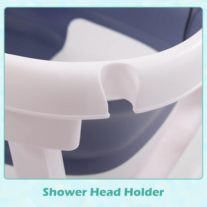 nordmiex Foldable Baby Bathtub for Infants to Toddler,Portable Travel Multifunctional with Drain Hole,Collapsible Newborn 0-36 Month (Blue White+Baby Bath Cushion+Waterproof Ear Cap)