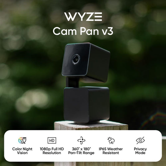 WYZE Cam Pan v3 Indoor/Outdoor IP65-Rated 1080p Pan/Tilt/Zoom Wi-Fi Smart Home Security Camera with Motion Tracking for Baby & Pet, Color Night Vision, 2-Way Audio, Works with Alexa & Google, Black - PuriLite