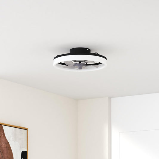 19.7" Ceiling Fan Light Fixture, Semi-Enclosed Flush Mount Low Profile Ceiling Fan for Safe Use, 6 Speeds, Reversible, LED Dimmable, 3 Color Temperature Optional, DC Motor,with Remote (Minimalist)