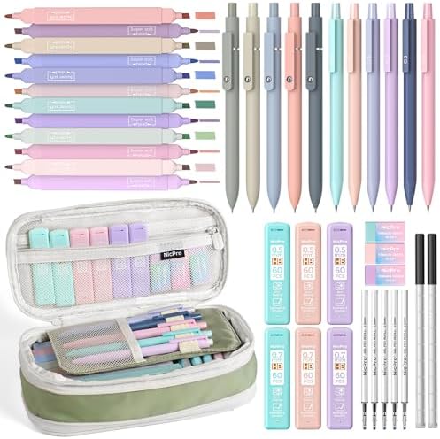 Nicpro 39 PCS Aesthetic School Supplies, Cute Pen Case Stationery Set,Green | 12 Highlighters, 5 Quick Dry Gel Pens, 6 Mechanical Pencils 0.5 & 0.7 mm, Back to School Kit for Student College Essentials